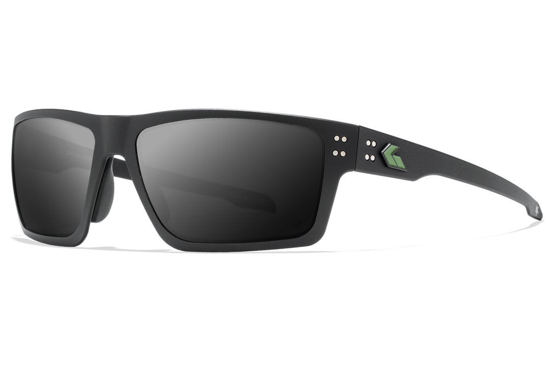 Green Beret Foundation x GATORZ Sentix sunglasses, black frame with green logo and smoke polarized lenses, side angle view