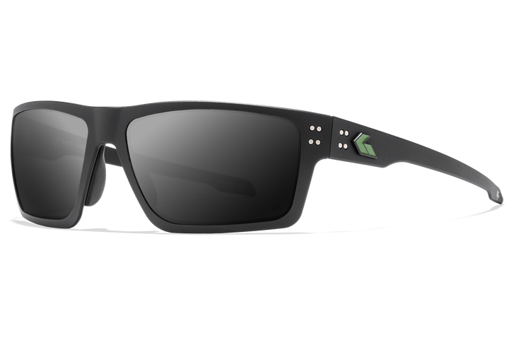 Green Beret Foundation x GATORZ Sentix sunglasses, black frame with green logo and smoke polarized lenses, side angle view