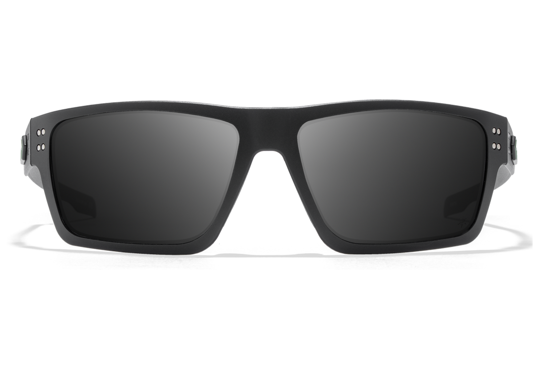 Green Beret Foundation x GATORZ Sentix sunglasses, front view showing black frame and smoke polarized lenses