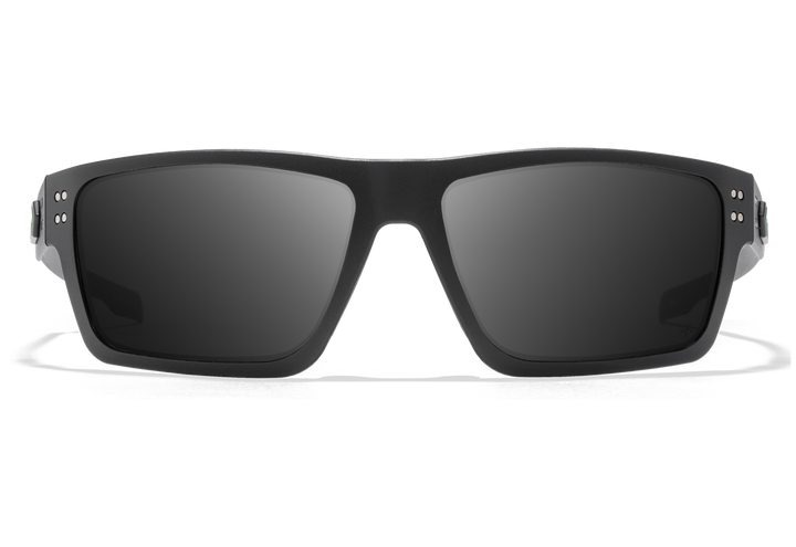 Green Beret Foundation x GATORZ Sentix sunglasses, front view showing black frame and smoke polarized lenses