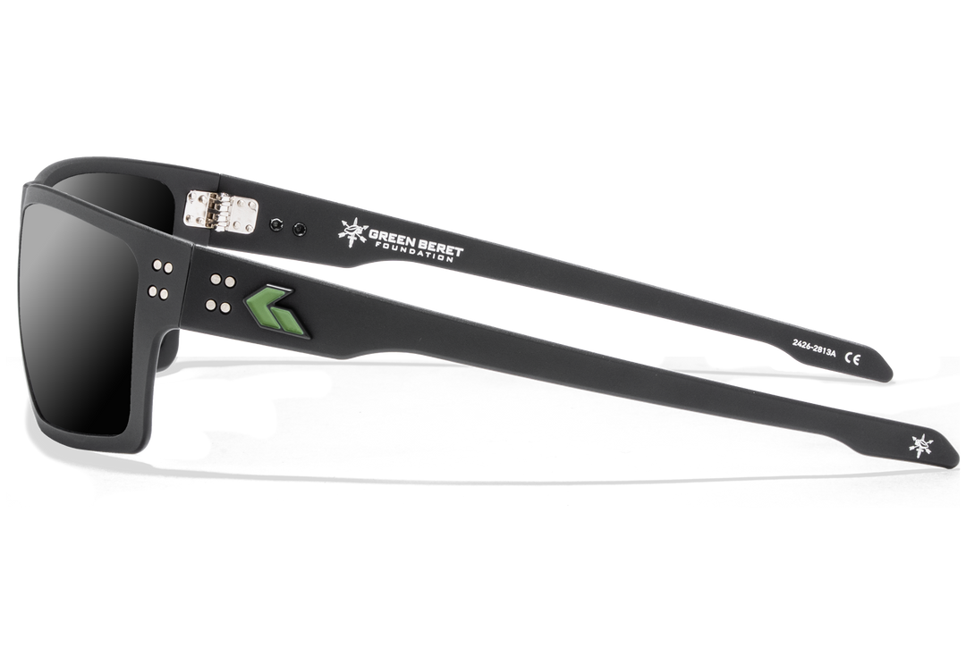 Green Beret Foundation x GATORZ Sentix sunglasses, side profile showing temple arm with green logo
