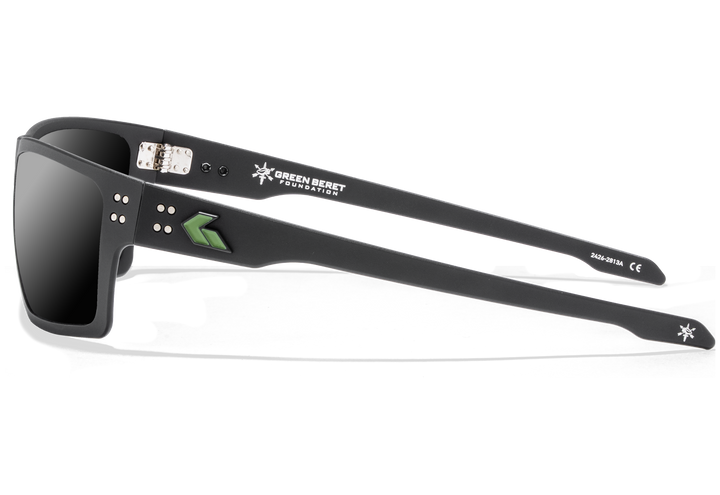 Green Beret Foundation x GATORZ Sentix sunglasses, side profile showing temple arm with green logo