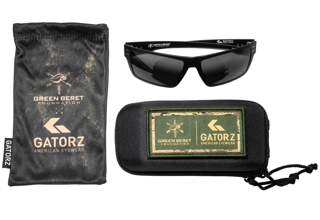 Green Beret Foundation x GATORZ Sentix sunglasses with co-branded camo microfiber pouch and hard case with GBF and GATORZ patch