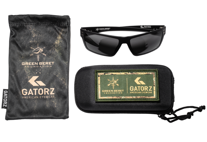 Green Beret Foundation x GATORZ Sentix sunglasses with co-branded camo microfiber pouch and hard case with GBF and GATORZ patch
