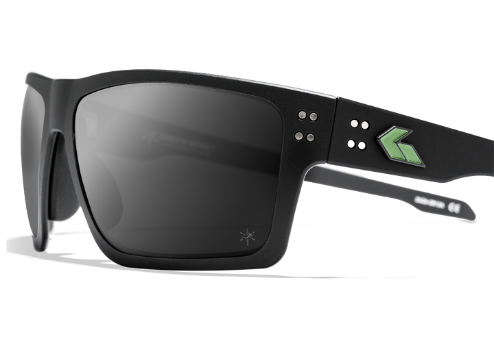 Green Beret Foundation x GATORZ Sentix sunglasses, three-quarter front view with smoke polarized lenses
